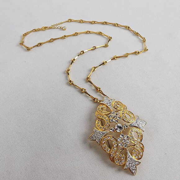 FAC Gold & Silver Tone Crystal Statement Pendant Necklace - Picture 2 of 9